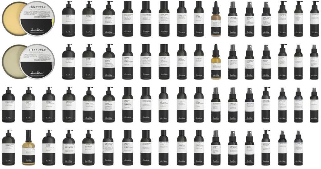 Less is More luonnonkosmetiikka tuotteita neljässä rivissä.